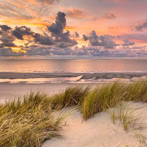 View over North Sea from dune Sunset View from dune over North Sea and Canal in Zeeland, Netherlands